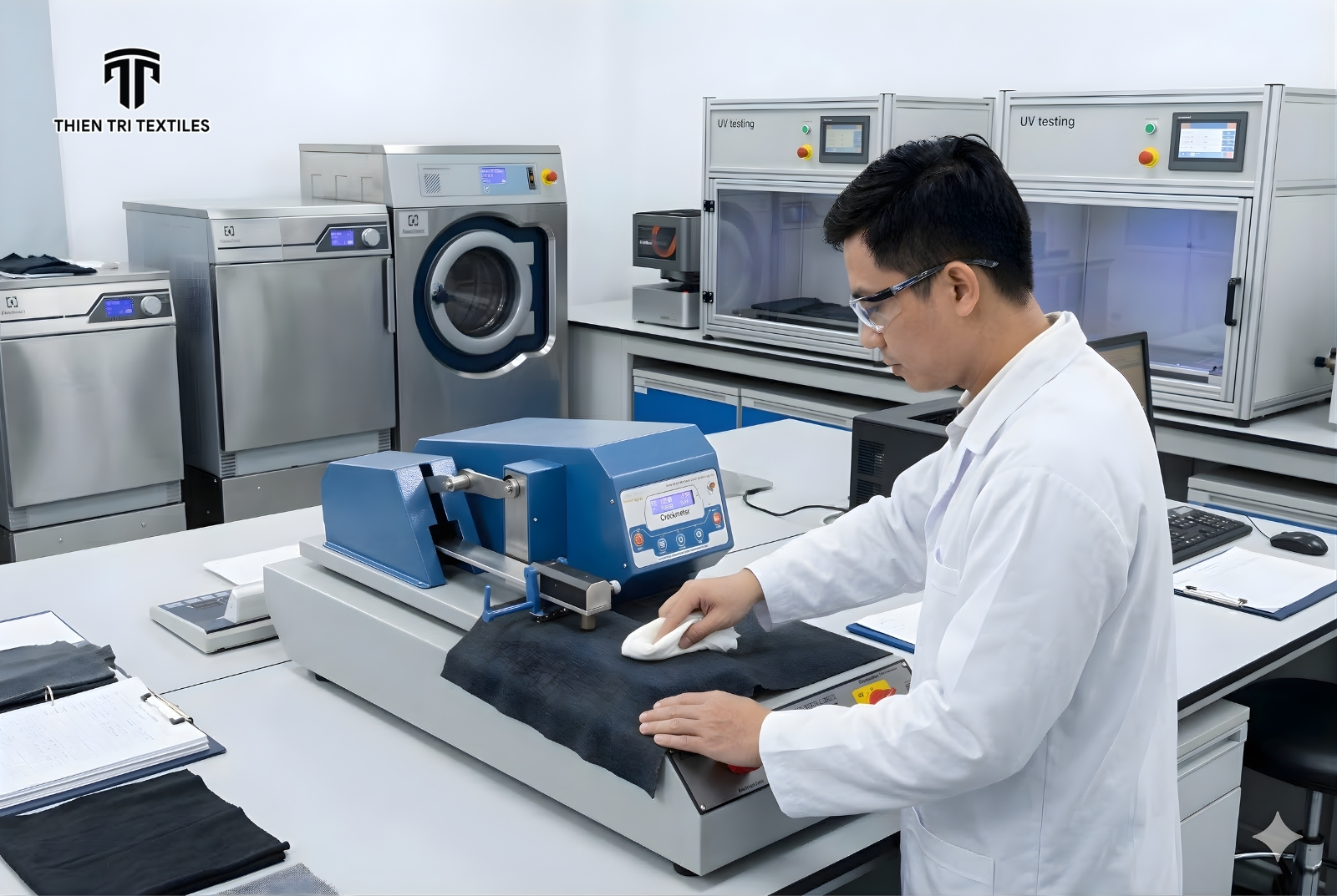 Quy trình nhuộm hoạt tính và kiểm định chất lượng vải nghiêm ngặt tại phòng Lab Thiên Trì Textiles.
