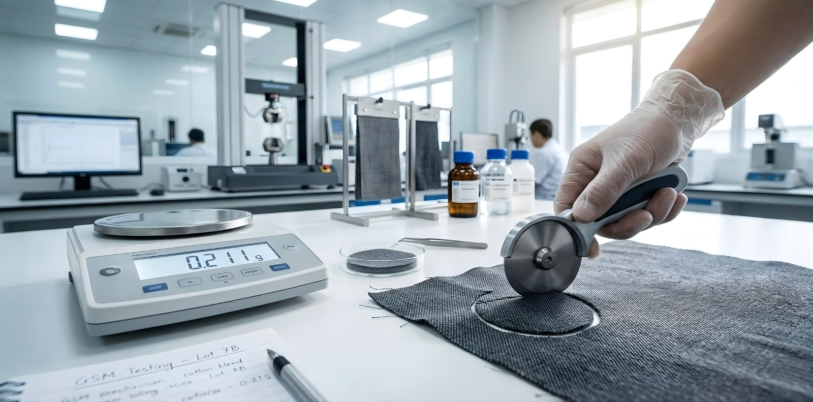 Cận cảnh quy trình cân đo GSM chính xác tại phòng Lab hiện đại của Thiên Trì Textiles.
